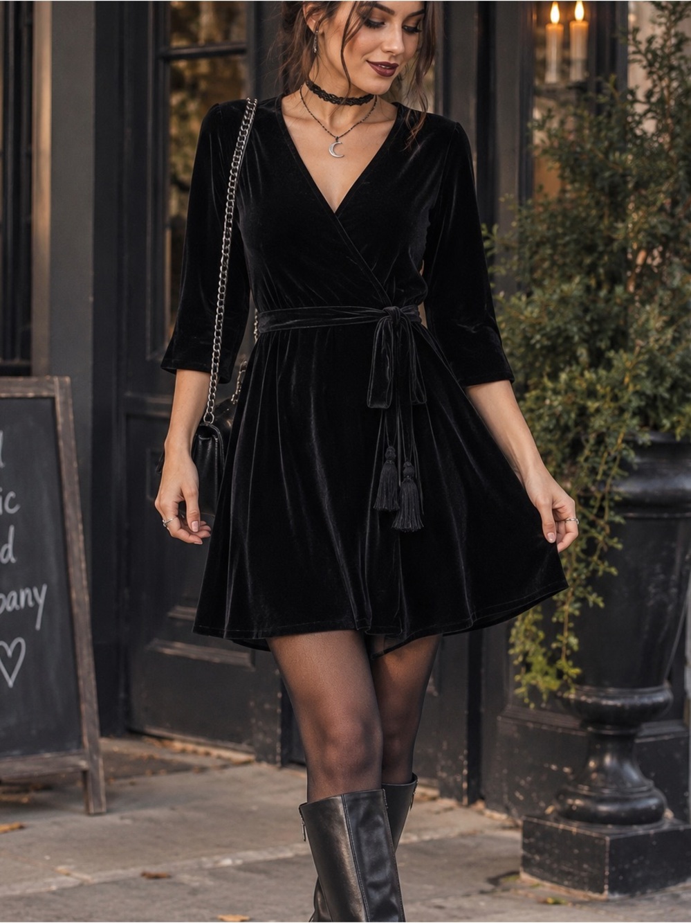 Black Velvet Faux Wrap Dress L Sheer Back Tassel Tie 3/4 Sleeve Cocktail